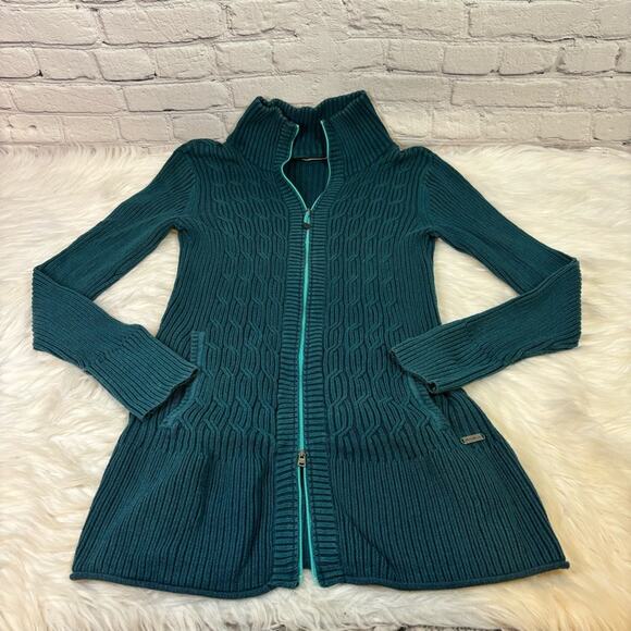 Eddie Bauer Double Zip Teal Slim Fit Sweater Size Medium AA0520 - Picture 3 of 8